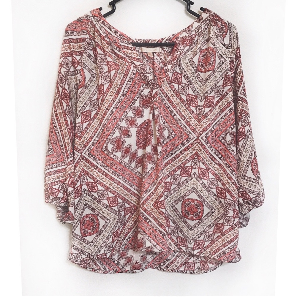 3/4 Sleeve Pink Geometric Print Blouse